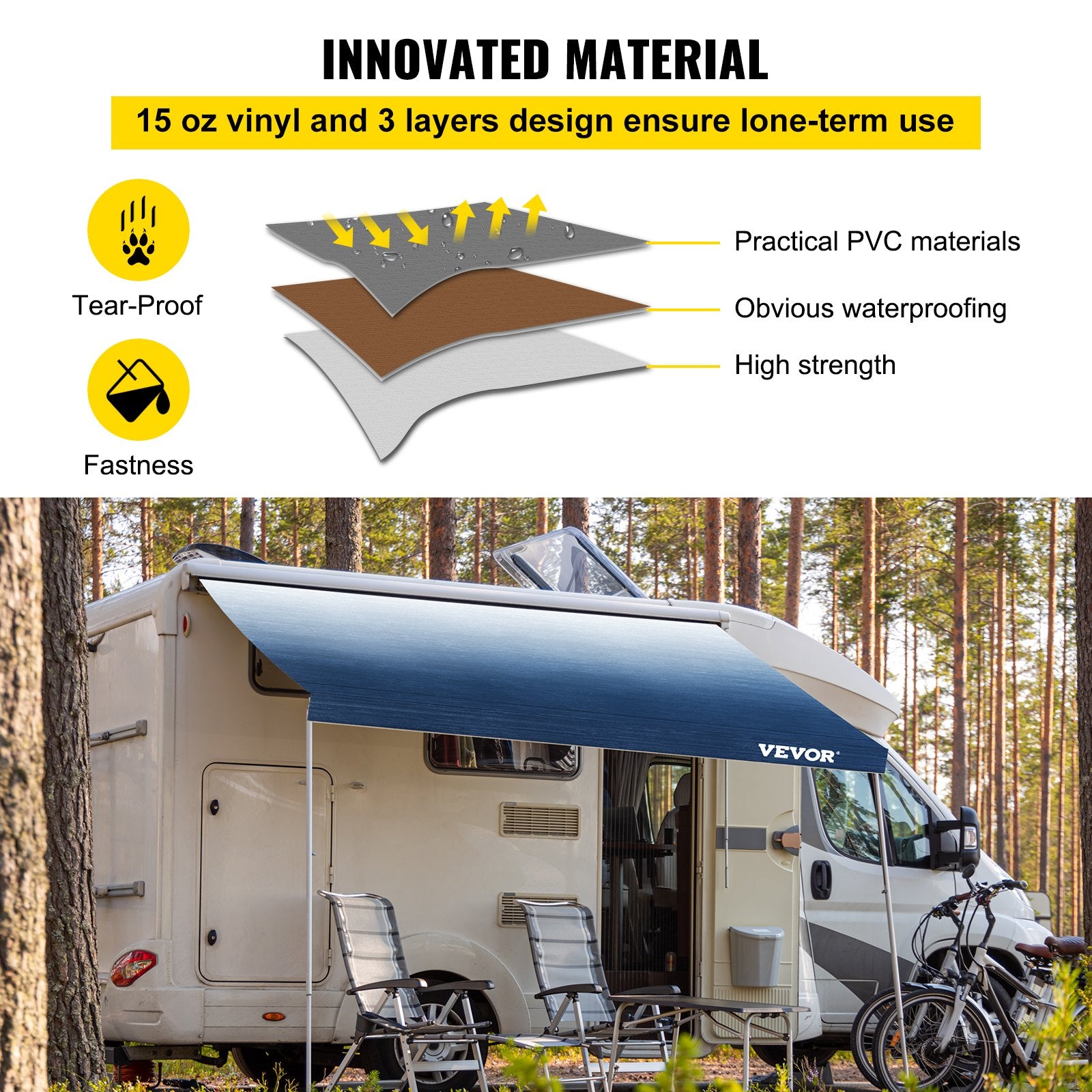 RV Awning, Awning Replacement Fabric 18 FT, Slate Blue RV Awning Replacement, 15oz Vinyl Material Replacement Awning, Sun Shade And Waterproof Camper Awning Replacement Fabric