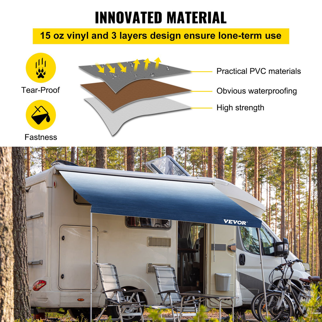 RV Awning, Awning Replacement Fabric 18 FT, Slate Blue RV Awning Replacement, 15oz Vinyl Material Replacement Awning, Sun Shade And Waterproof Camper Awning Replacement Fabric