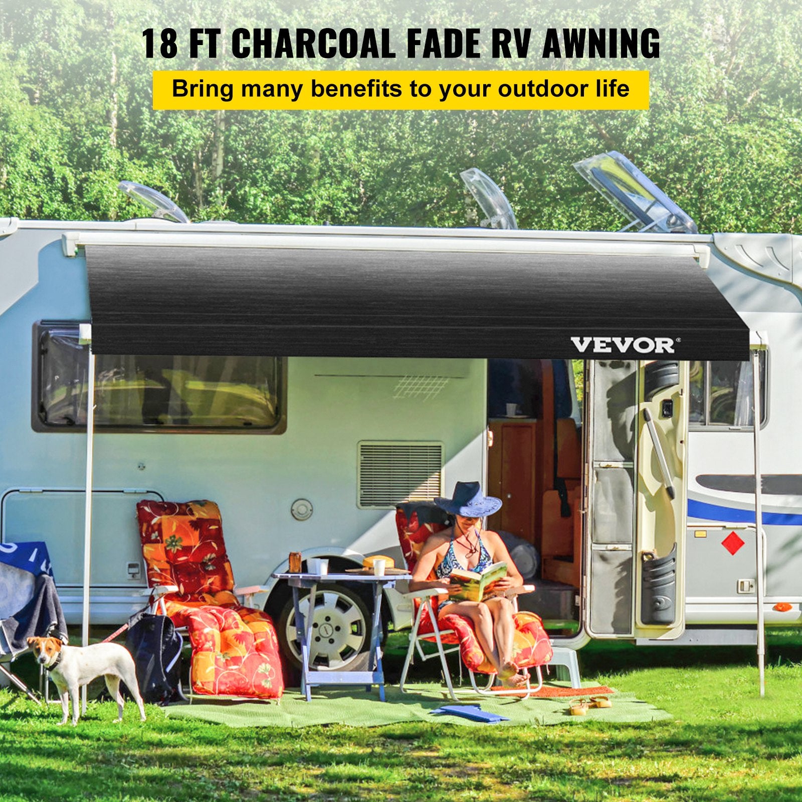 RV Awning 18 Ft, Awning Replacement Fabric 17 Ft 2 In, Premium Grade Waterproof Vinyl, Universal Outdoor Canopy RV Replacement Fabric For Camper, Trailer,and Motor Home Awnings, Charcoal Fade