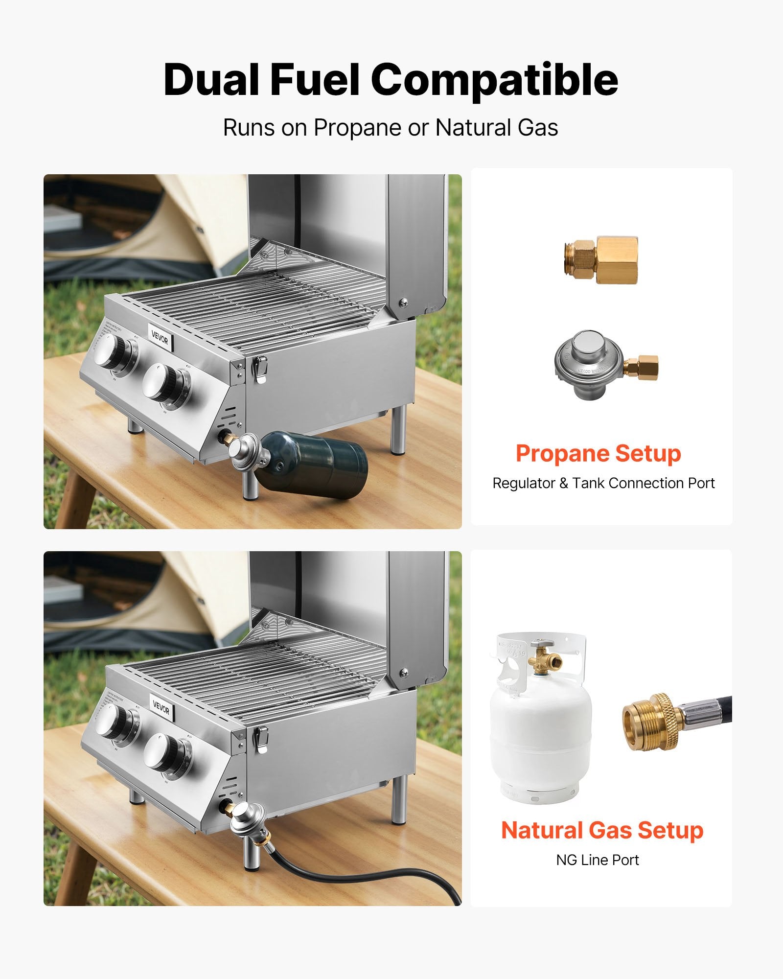 2-Burner Stainless Steel Portable Gas Grill 15000 BTU with Thermometer