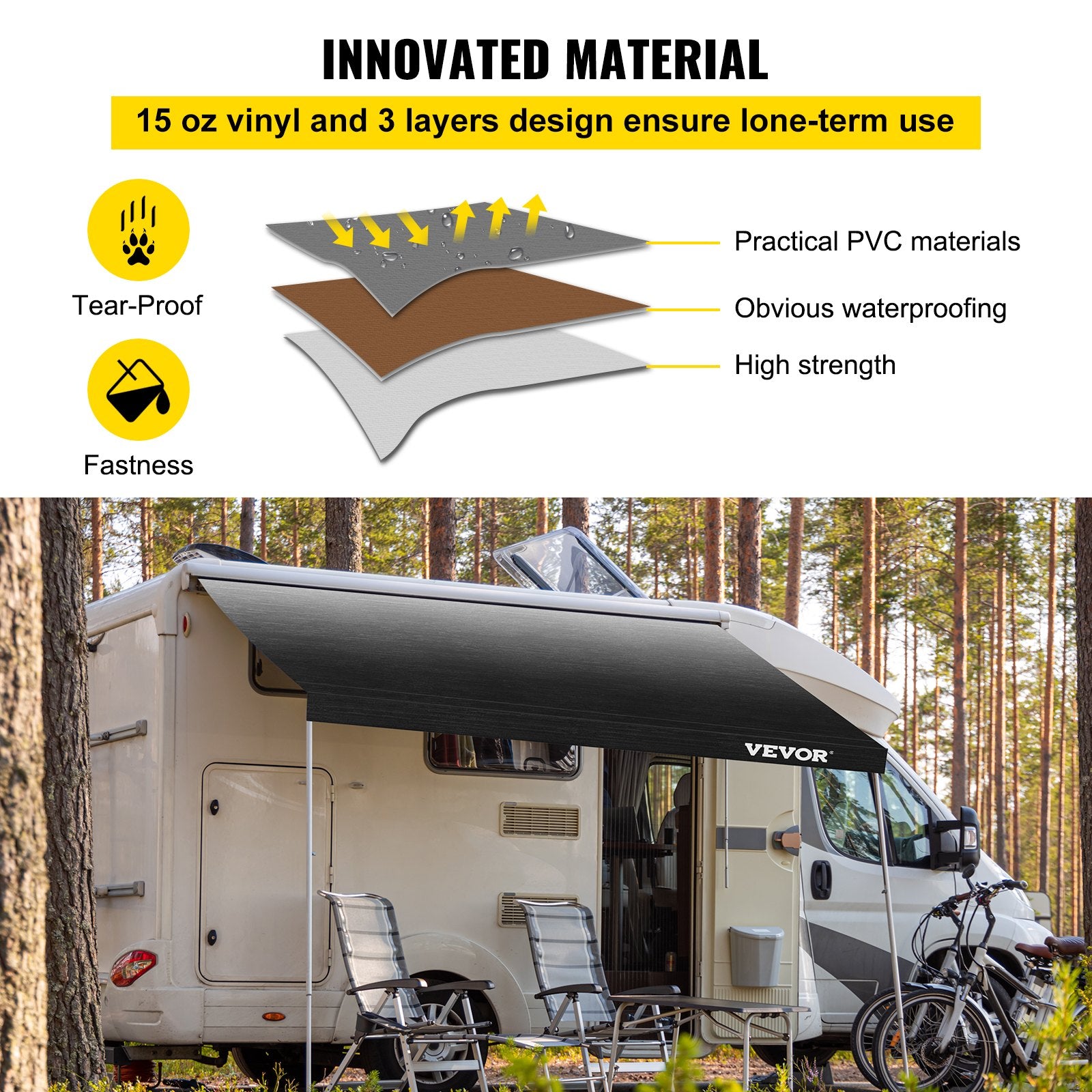 RV Awning 18 Ft, Awning Replacement Fabric 17 Ft 2 In, Premium Grade Waterproof Vinyl, Universal Outdoor Canopy RV Replacement Fabric For Camper, Trailer,and Motor Home Awnings, Charcoal Fade