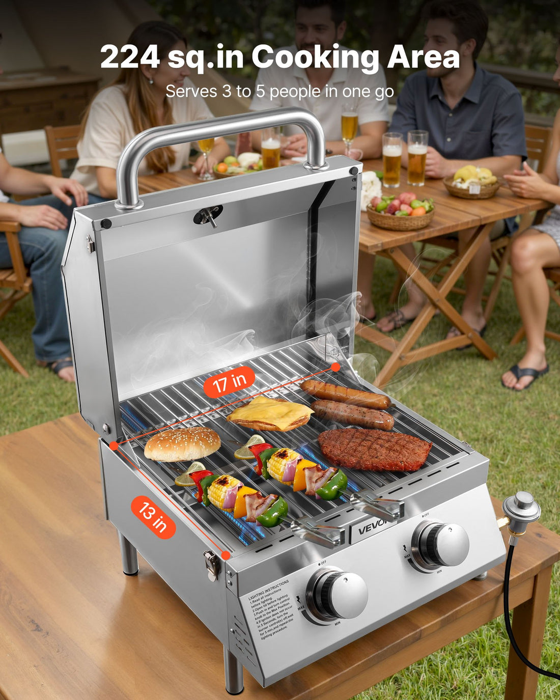 2-Burner Stainless Steel Portable Gas Grill 15000 BTU with Thermometer