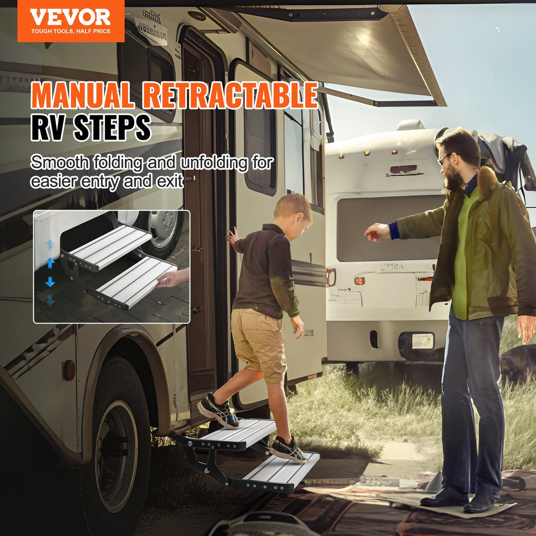 RV Steps, 2-Step, Manual Retractable RV Stairs, Foldable, 440 LBS Load Capacity, Aluminum Alloy Steps, Thickened Steel Plate, Non-Slip Steps For Safe Entry And Exit, RV, Trailer, Camper Steps