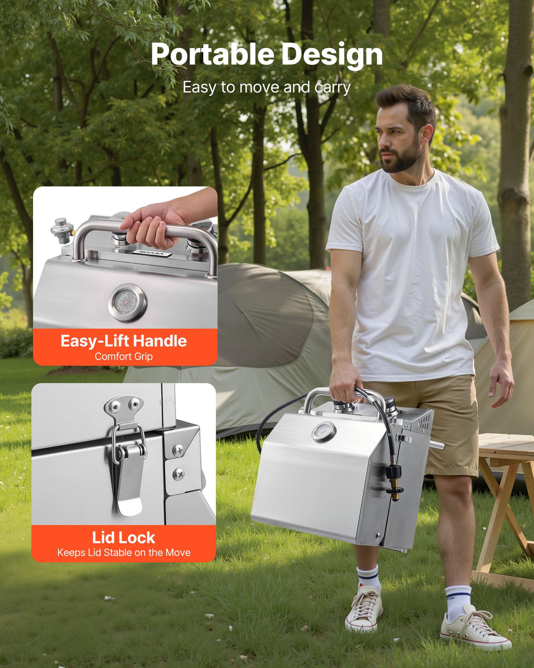 2-Burner Stainless Steel Portable Gas Grill 15000 BTU with Thermometer