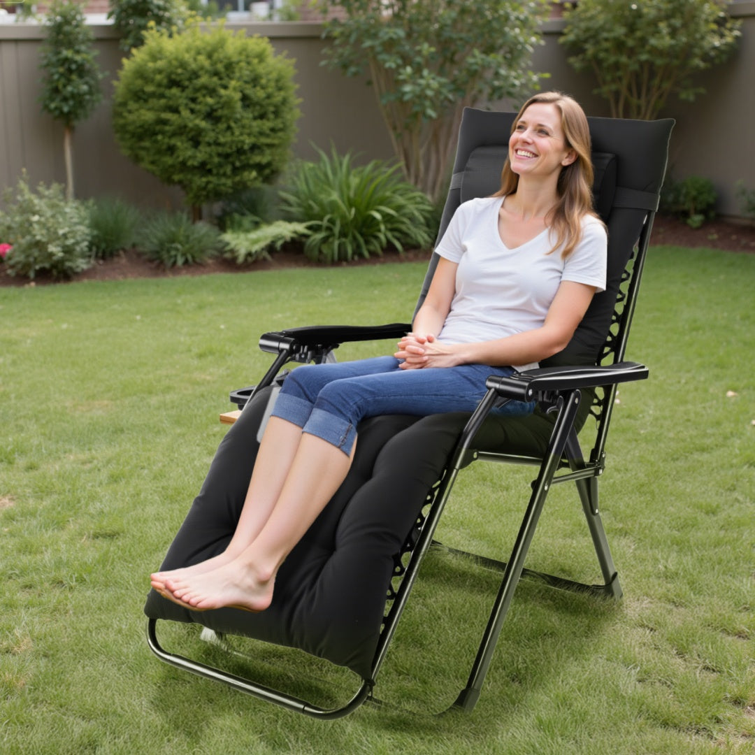 Zero Gravity Chair, Reclining Camping Lounge Chair For Indoor, Reclining Patio Chairs With Cup Holder Trays And Removable Cushion